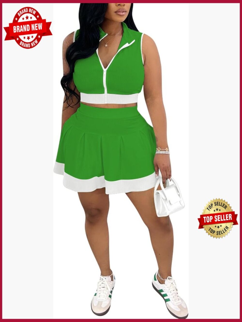 Y2K 2 Piece Skirt Set Patchwork Crop Top Pleated Skort